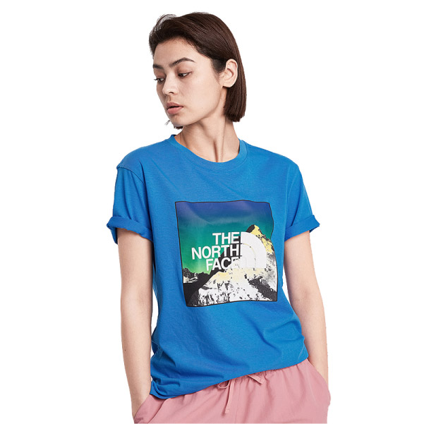 【The North Face】情侶款 彷棉混紡快乾吸濕短袖圓領T恤(亞洲版型).運動休閒/4NDF-W8G 澄湖藍 N✿30E010